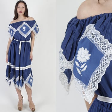 Royal Blue Mexican Off The Shoulder Fiesta Dress, All White Floral Embroidered Party Dress, Sheer Lace Trim Restaurant Style Midi 