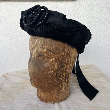 Antique Victorian Black Velvet Turban Bonnet Hat Jet Beaded Snake Silk Edwardian