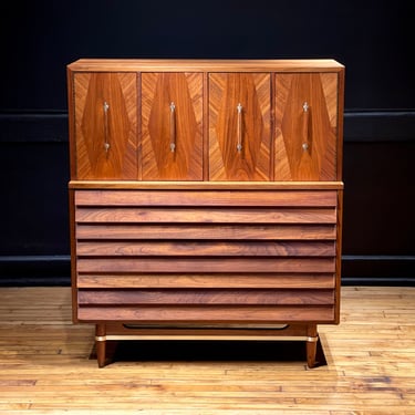 Restored American of Martinsville Dania Seven Drawer Walnut Highboy Dresser by Merton Gershun - Mid Century Modern Chest Credenza Sideboard 