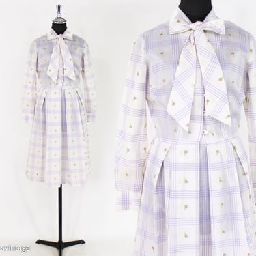 1950s White Lavender Embroidered Dress | 50s White Plaid & Flower Print Shirtwaist Dress | Serbin | Medium 