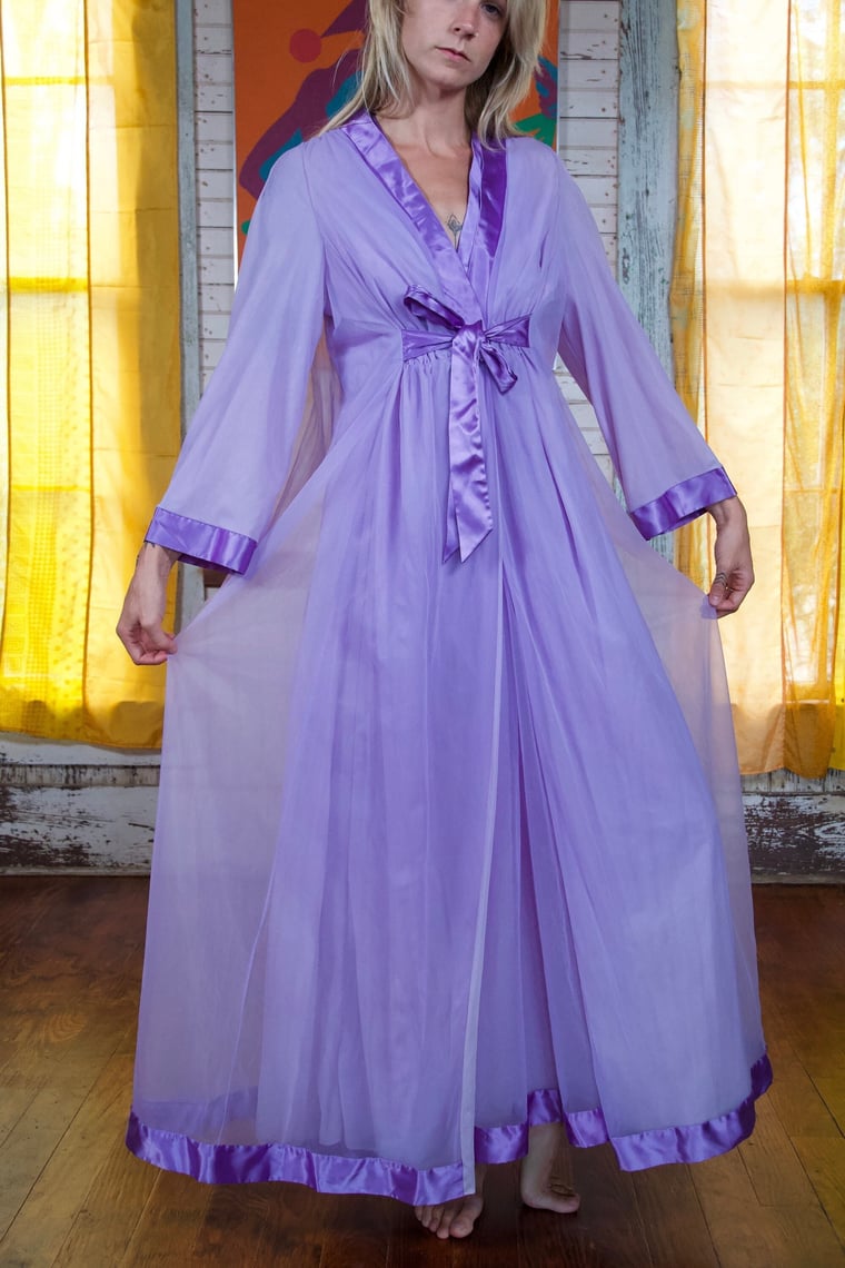 Vintage Purple Peignoir Set 60s Maxi Sleeveless Nightgown and Long