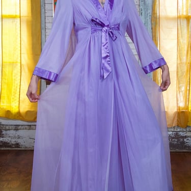 Vintage Purple Peignoir Set 60s Maxi Sleeveless Nightgown and Long Sleeve Robe Lavender Nylon Goddess Lingerie Large 