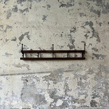 Antique Wall-Mount Wood and Cast Iron Coat Rack 