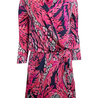 Lilly Pulitzer - Pink &amp; Navy Leaf Print Silk Blouson Dress Sz XS