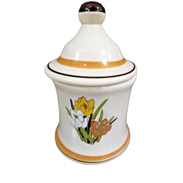 Vintage Lillies & Cattails Ceramic Canister With Lid 1970's 7" Lilies 