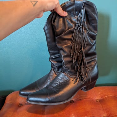 Vintage Black Leather Fringe Boots Size 8.5 