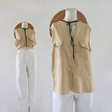 golden silk top - l - vintage 90s y2k brown tan beige womens size large button sleeveless minimal shirt blouse 