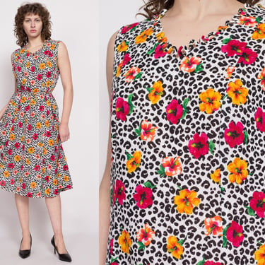 90s Leopard Print & Hibiscus Floral Sundress - Extra Large | Vintage Sleeveless Flower Print Midi Grunge Dress 