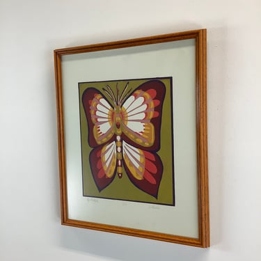Vintage Artist Print Butterfly in Frame 