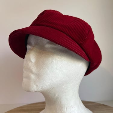 Vintage Red Corduroy Newsboy Lieutenant Cap Hat - Unisex Small 