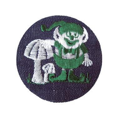 Mushroom and Elf Patch, 1970s Embroidered Patch, Garden Gnome, Patch Collection, Custom Clothing, Vintage Iron-On Patch, Sew-On Denim Patch 