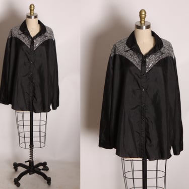 1980s Black Long Sleeve Silver Sequin Western Cowboy Cowgirl Metal Snap Shirt -1XL 
