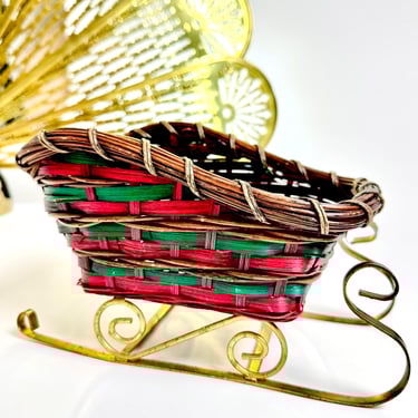 Red & Green Wicker Christmas Sleigh Basket – Vintage Holiday Centerpiece or Gift Basket 