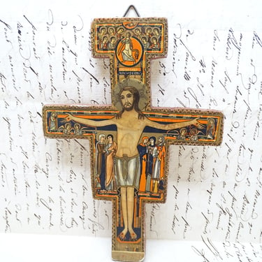 Vintage Orthodox Crucifix Lithograph on Wood, Religious Icon 