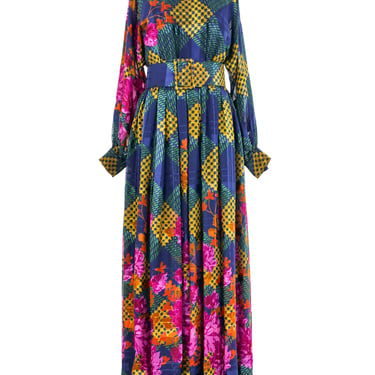 1970s Oscar de la Renta Printed Chiffon Belted Gown