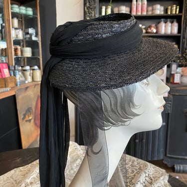 1940s hat, black straw, vintage millinery, wide brim, tilt, hat, Dayton company, rayon jersey, film noir, old hollywood, 1930s hat, Breton 