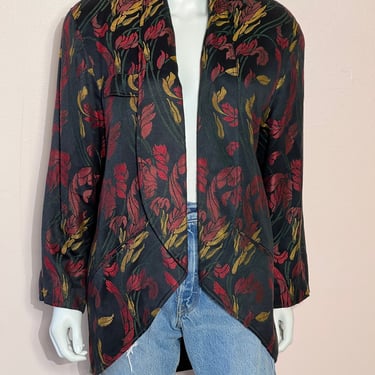 Vtg 1980s Tahari Dark Floral Smoking Jacket / Blazer 