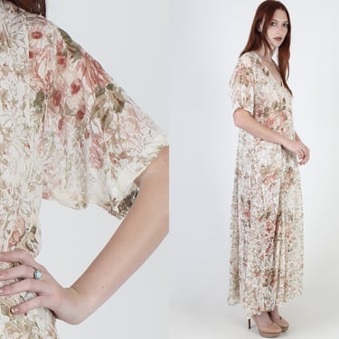 90s Muted Rose Floral Dress / Womens Sheer Ivory Lace Gypsy Dress / 1990s Flower Print Festival Party Maxi Dress 