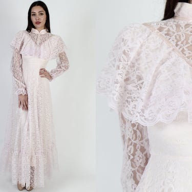 Blush Floral Lace Wedding Dress, Vintage 70s Light Pink Sheer Bridal Dress, Simple Scallop Lace Bridesmaids Capelet Boho Prairie Maxi 