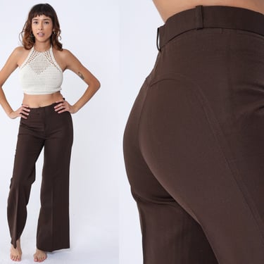 70s Bell Bottoms Saddleback Pants Brown Western Trousers High Waisted Rise Flared Creased Retro Preppy Plain Zeppelin Vintage 1970s Small 