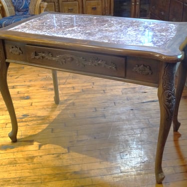 Pink Marble Inlay Table w Carved Legs and Pull Out Tray