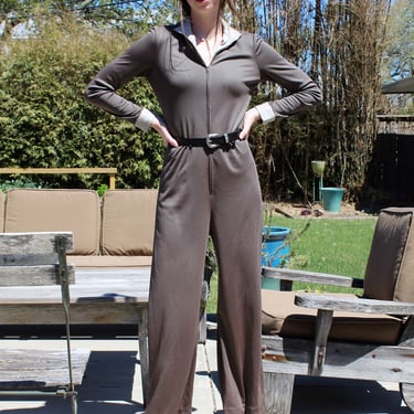 Vintage 1970s Parade New York Jumpsuit, Small Women, taupe stretch knit, zip up, palazzo leg 