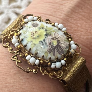 Mariam Haskell cameo bracelet 1950s ornate floral portrait beaded cuff 