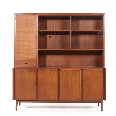 American of Martinsville Mid Century Walnut and Cane Credenza and Hutch - mcm 