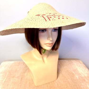 1940’s 50’s large sun hat~ Asian style wide brimmed gardening hats~ white washed look~ open sizing fits all 