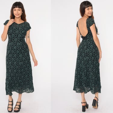 Vintage Green Lace Dress 90s Open Back Dress Midi Party 1990s Short Sleeve Evening A-Line Grunge Boho Long Ankle Length Small Medium 