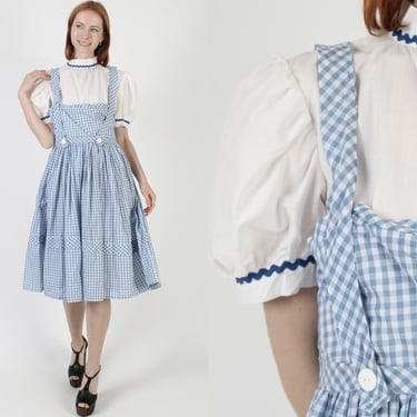 Gingham Plaid Ric Rac Dress, Vintage 70s Dirndl Style Country Frock, Alice In Wonderland Inspired Costume, Full Checkered Circle Skirt 