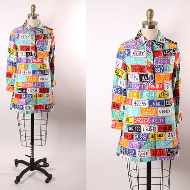 Early 1970s Novelty Print Multi-Colored Route 66 Vintage Car License Plates Blouse Tunic Mini Dress by Ruth of California -S 