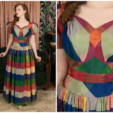 1930s Gown - Phenomenal Late 1930s Rainbow Plaid Taffeta Plaid Puff Sleeve Evening Party Dress 