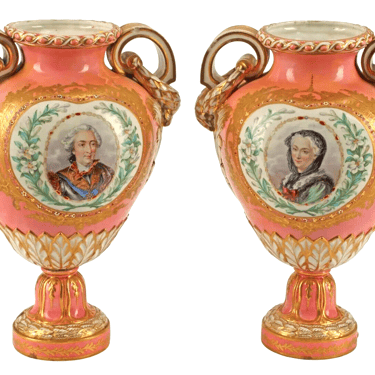 Vases, Sevres Style, Pair, Porcelain, Portrait Vases, 12.5 Ins H.,