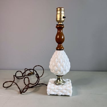 Vintage Fenton Glass Diamond Quilted Milk Glass and Wood Lamp Mid Century Works 