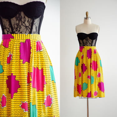 yellow vintage skirt 80s hot pink abstract pattern knee length skirt 