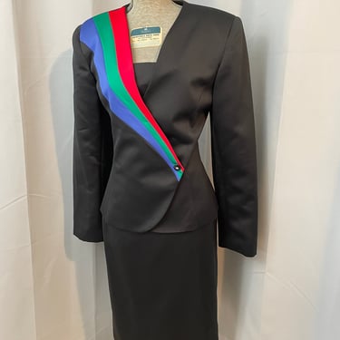 80s Vintage Rainbow Black Satin power Suit Leslie Fay 10 M 