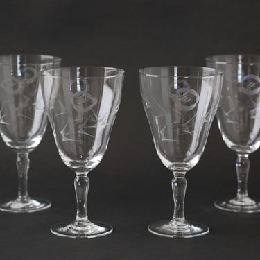 Vintage 30s 40s hand blown etched glasses 