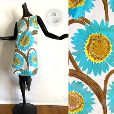 MOD 60s Sunflower Dress • Ukraine Flag Colors Blue + Yellow • Vintage 60s 70s Hippie Boho Hawaiian Shift Mini Dress • Tiki Oasis Hukilau 