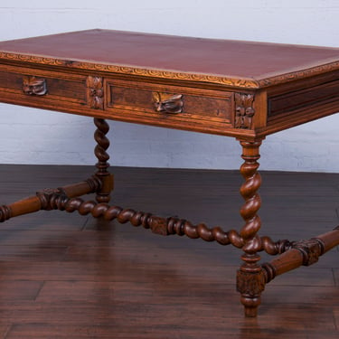 19th Century French Henry II Style Barley Twist Oak Writing Desk W/ Burgundy Leather Top 