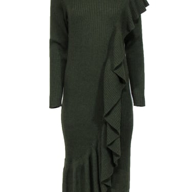 J.Crew Collection - Green Ribbed Knit Long Sleeve Ruffle Dress Sz M