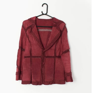 Red suede jacket with patchwork and crochet design - Medium 