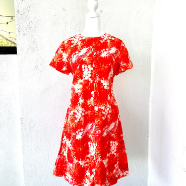 Vintage 60s 70s Hawaiian Floral Dress Red Hawaii Shirtdress 