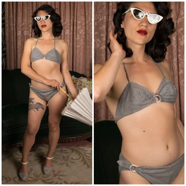 1950s Swimsuit - Rare Unique California Swim & Playwear Cotton Bikini in Black and White Gingham 