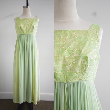 1960s Green Brocade and Chiffon Palazzo Jumpsuit 