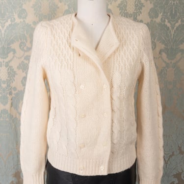 1980s Robert Scott Irish Aran Ivory Wool Cable Knit Double Breasted Cardigan Sweater 