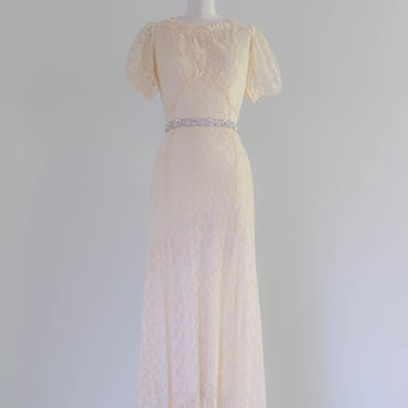 Exquisite 1930's Embroidered Net Wedding Gown With Slip and Belt / Small
