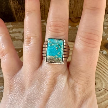 ARTIC Small Square Sterling Silver & Turquoise Ring | Navajo, Native American Southwestern Jewelry | Size 10 