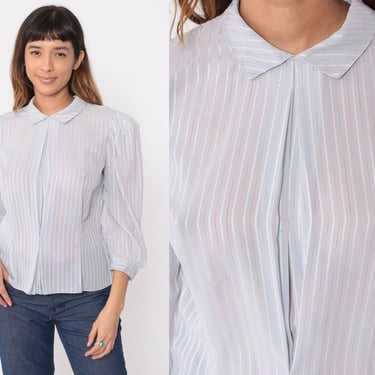 80s Puff Sleeve Blouse Grey Striped Shirt Semi-Sheer Button Back Shirt Pleat Front Top Vintage 3/4 Sleeve Blouse Retro 1980s Collar Medium 