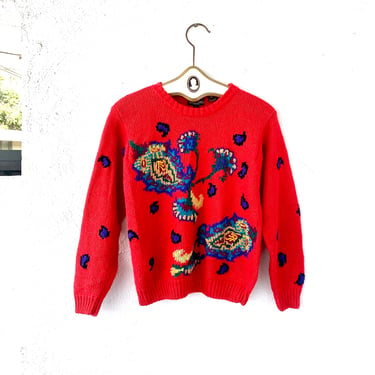 Vintage 80s 90s Paisley Sweater Graphic Plant Red Pullover Knit Shirt 